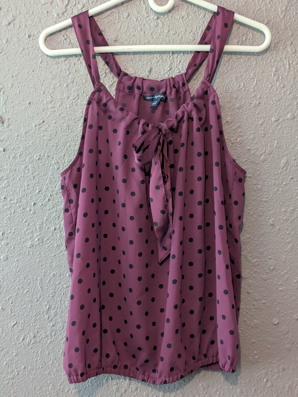 Sz L AE Polka Dot Tie-Neck Sleeveless Top - Mauve Pink/Purple